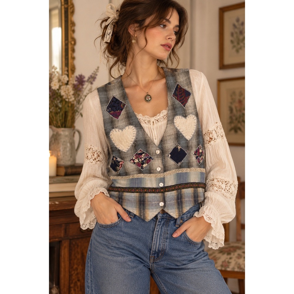 90s Cottagecore Patchwork Heart Plaid Cotton Vest Speed Limit MPH Medium